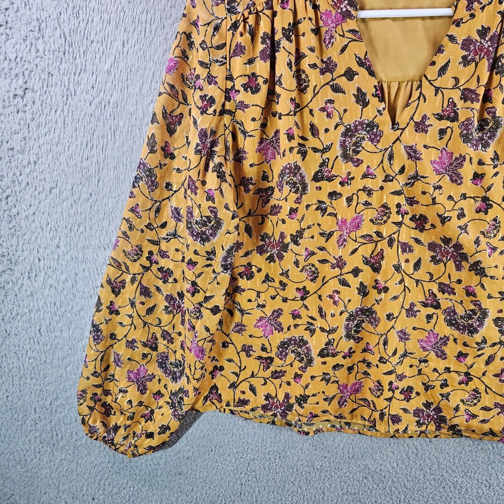 Faherty Women Mustard Yellow Floral Silk Blend V-Neck Blouse Top‎ XS - Picture 2 of 10